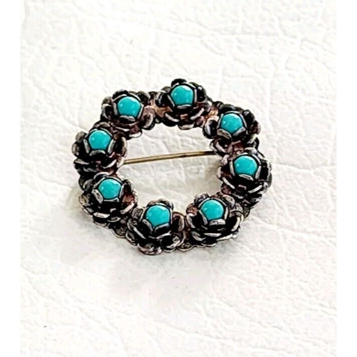 Vintage Early Taxco Mexico Sterling Petit Point Turquoise Floral Circle Brooch
